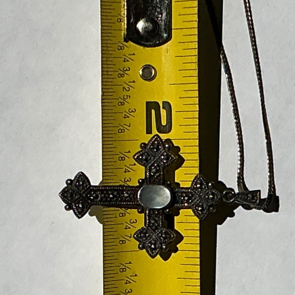 Sterling Silver Cross & Chain With Opalescent Center Stone Marcasite Stones - Picture 8 of 9